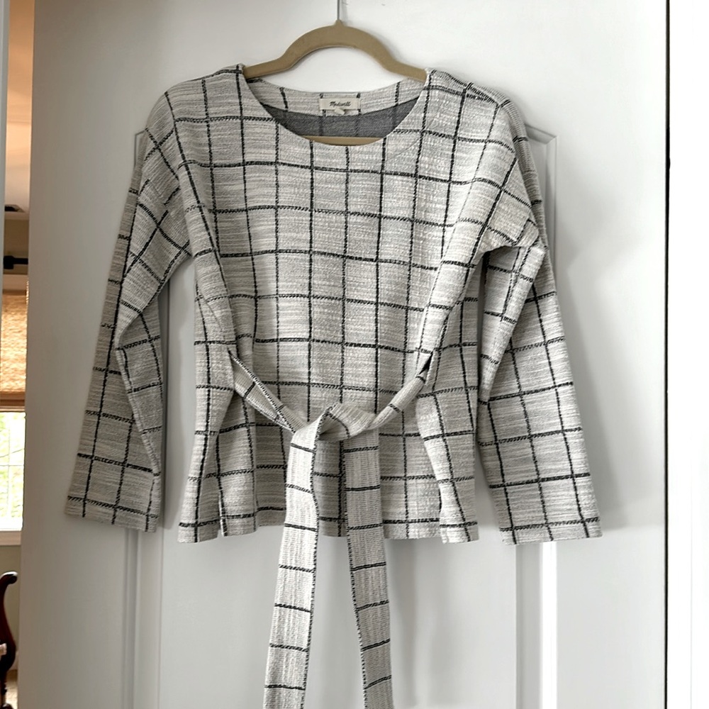Madewell White and Black Windowpane Tie-Waist Top